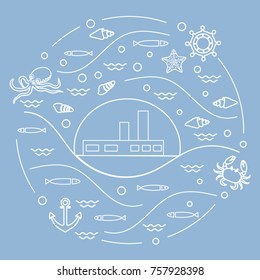 Cute vector illustration with ship, octopus, fish, anchor, helm, waves, seashells, starfish, crab arranged in a circle. Design for banner, poster or print. 