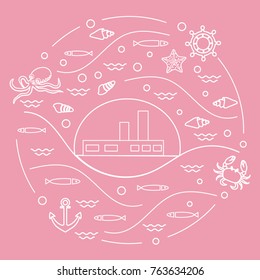 Cute vector illustration with ship, octopus, fish, anchor, helm, waves, seashells, starfish, crab arranged in a circle. Design for banner, poster or print. 