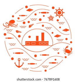 Cute vector illustration with ship, octopus, fish, anchor, helm, waves, seashells, starfish, crab arranged in a circle. Design for banner, poster or print. 