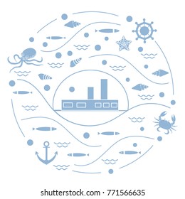 Cute vector illustration with ship, octopus, fish, anchor, helm, waves, seashells, starfish, crab arranged in a circle. Design for banner, poster or print. 