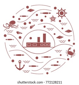 Cute vector illustration with ship, octopus, fish, anchor, helm, waves, seashells, starfish, crab arranged in a circle. Design for banner, poster or print. 