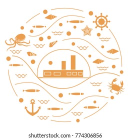 Cute vector illustration with ship, octopus, fish, anchor, helm, waves, seashells, starfish, crab arranged in a circle. Design for banner, poster or print. 
