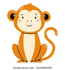 Cute vector illustration in a simple childish style. Cute monkey on white background. Safari animals 
