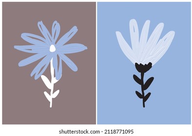 Cute Vector Illustration with Simple Infantile Style Flowers Isolated on a Light Blue and Dusty Brown Background. Oil Painting Style Print with Abstract Blooming Flowers ideal for Wall Art, Card.