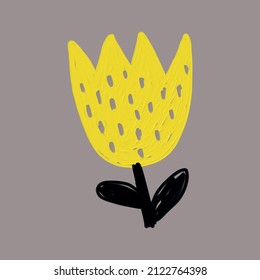 Cute Vector Illustration with Simple Infantile Style Yellow Flower Isolated on a Gray  Background. Dry Painting Style Print with Abstract Blooming Flower ideal for Wall Art, Card, Poster.