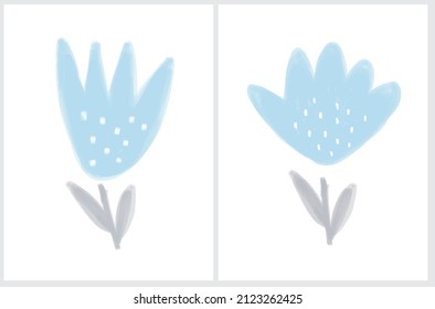 Cute Vector Illustration with Simple Infantile Style Pastel Blue Flowers Isolated on a White Background. Dry Painting Style Print with Abstract Blooming Flower ideal for Wall Art, Card, Poster.
