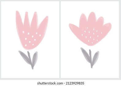 Cute Vector Illustration with Simple Infantile Style Pastel Pink Flowers Isolated on a White Background. Dry Painting Style Print with Abstract Blooming Flower ideal for Wall Art, Card, Poster.