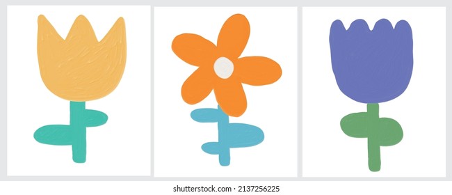 Cute Vector Illustration with Simple Infantile Style Yelllow, Orange and Violet Flowers Isolated on a White Background. Oil Painting Style Print with Abstract Blooming Flower ideal for Wall Art, Card.