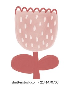 Cute Vector Illustration with Simple Infantile Style Pale Red Flower Isolated on a White Background. Oil Painting Style Print with Abstract Blooming Tulip ideal for Wall Art, Card, Posters.