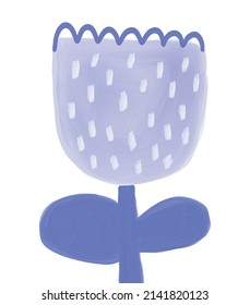 Cute Vector Illustration with Simple Infantile Style Blue Flower Isolated on a White Background. Oil Painting Style Print with Abstract Blooming Tulip ideal for Wall Art, Card, Posters.