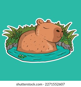 Cute Vector illustration of Cute Sleeping Capybara on the water. Capybara sticker Illustration. Capybara Sticker.