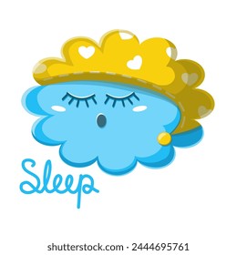 Cute vector illustration of a sleeping cloud in a nightcap with the inscription sleeping on a white background. 