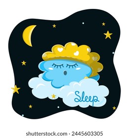 Cute vector illustration with a sleeping cloud in a night cap in the night sky on a bed of clouds among the stars .