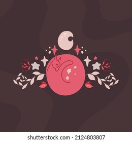Cute vector illustration of a sleeping prose cat with a wreath of plants, stars and a crescent moon. Hand drawn flat illustration with pet for nursery.