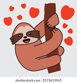 Cute vector illustration of a sloth holding a tree trunk. Cute children's illustration. Sloth, animal, cute. Little hearts around the sloth.