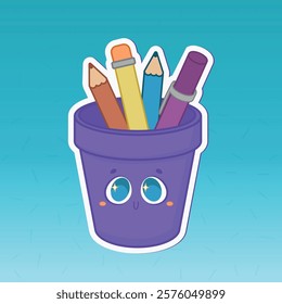 cute vector illustration of a small vase with pens and writing pencils inside with a happy face