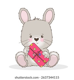 Cute vector illustration of a smiling bunny holding a colorful gift. This playful and heartwarming image is perfect for baby drawings, greeting cards and holiday events.