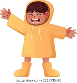 Linda Ilustración vectorial de un niño sonriente en un impermeable amarillo brillante y botas, disfrutando del Clima de día lluvioso.