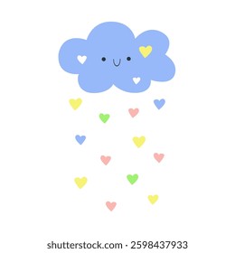 Cute vector illustration of a smiling cloud with pastel hearts, ideal for children's weather themes, nursery prints, baby products, and cheerful greeting card designs