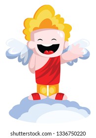 Cute vector illustration of smiling cupid dressed in red standing on a cloud and waving white background.