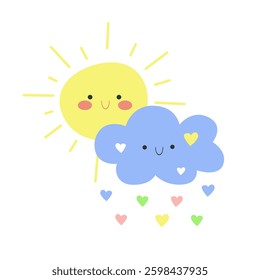 Cute vector illustration of a smiling sun and cloud with pastel hearts, ideal for children's weather themes, nursery prints, baby products, and cheerful greeting card designs