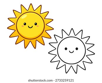 Cute vector illustration of a smiling sun shown in two styles: a bright yellow colored version and a simple black outline version, suitable for icons and children designs.