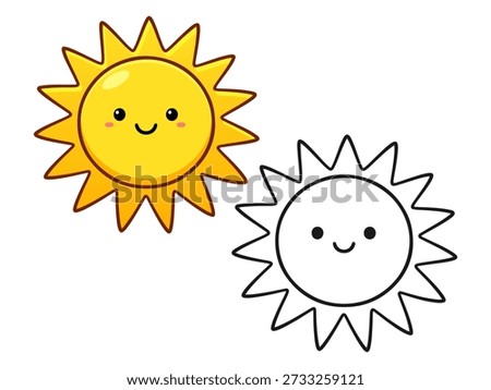 Cute vector illustration of a smiling sun shown in two styles: a bright yellow colored version and a simple black outline version, suitable for icons and children designs.