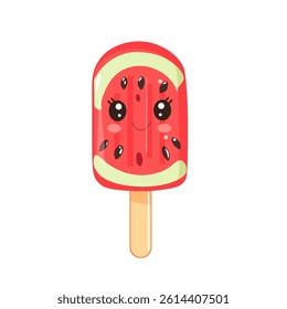 Cute vector illustration of a smiling watermelon popsicle with cartoon eyes and seeds in a fun summer style