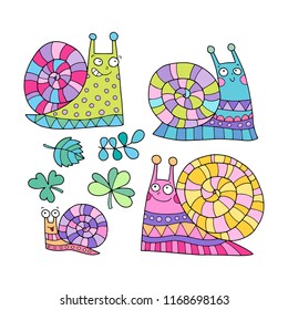Cute vector illustration of the snail. Collection. 