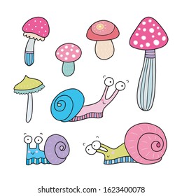 Cute vector illustration of the snails. Collection. With cute cartoon mushrooms.