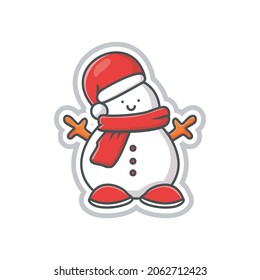 cute vector illustration, snowman character wearing a red hat