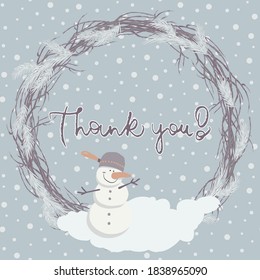 Cute vector illustration with a snowman and christmas wreath on blue background with snow