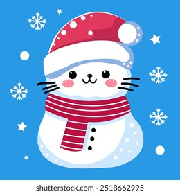 Cute vector illustration of snowman with the face of cat with Santa hat and scarf. Cat snowman on blue background with snowflakes and stars. Winter holiday theme for Christmas designs, cards, prints.