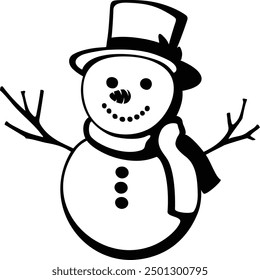 Cute vector illustration of a snowman wearing a hat and a scarf. The illustration has black outlines on transparent background.
