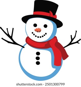 Cute vector illustration of a snowman wearing a black hat and a red scarf. 