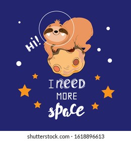 Cute vector illustration with space sloths on a blue background for children