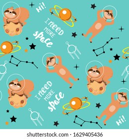 Cute vector illustration with space sloths on a blue background for children seamless pattern
