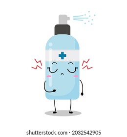 Ilustración vectorial del carácter del frasco de pulverización. Desinfección. Caricatura de botellas sanitizer a mano. Protección contra ataques de virus. Estilo sencillo aislado en un fondo blanco. Expresión divertida, disgustada