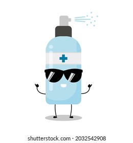 Cute vector illustration of spray bottle character. Disinfection. Hand sanitizer bottle cartoon. Protection from viruses attack. Simple style isolated on white background. Funny expression, cool