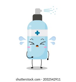 Cute vector illustration of spray bottle character. Disinfection. Hand sanitizer bottle cartoon. Protection from viruses attack. Simple style isolated on white background. Funny expression, cry