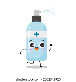 Ilustración vectorial del carácter del frasco de pulverización. Desinfección. Caricatura de botellas sanitizer a mano. Protección contra ataques de virus. Estilo sencillo aislado en un fondo blanco. Expresión divertida, sonrisa