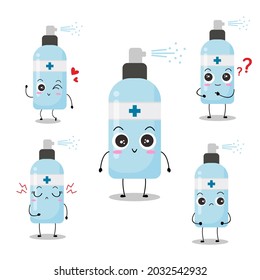 Cute vector illustration of spray bottle character. Disinfection. Hand sanitizer bottle cartoon. Protection from viruses attack. Simple style isolated on white background. Funny expressions