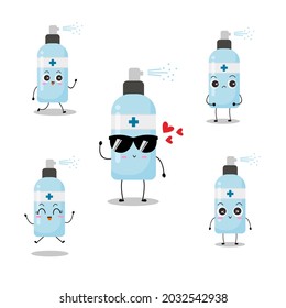 Cute Vektorgrafik des Spritzflaschenzeichens. Desinfektion. Handsanisierer Flaschenkartoon. Schutz vor Viren-Angriffen. Einfaches Design einzeln auf weißem Hintergrund. Verschiedener lustiger Ausdruck