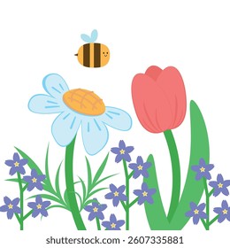 Cute vector illustration of spring flowers in a meadow and a happy bee