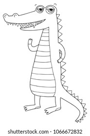 Cute vector illustration of the standing crocodile. Black outlines isolated on white. Perfect for coloring page or book for children.