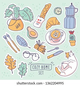Cute vector illustration stickers set of cozy home hygge elements - plant, coffee cup, croissant, baguette, avocado, leaves, cat, cactus. Isolated on white background. Scandinavian style - Vector
