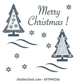 Cute vector illustration of stitched Christmas tree decorated with snow and snowflakes. Card for winter holidays. Template for design, greeting card, invitation.