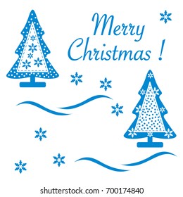 Cute vector illustration of stitched Christmas tree decorated with snow and snowflakes. Card for winter holidays. Template for design, greeting card, invitation.