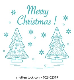Cute vector illustration of stitched Christmas tree decorated with snow and snowflakes. Card for winter holidays. Template for design, greeting card, invitation.