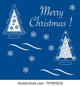 Cute vector illustration of stitched Christmas tree decorated with snow and snowflakes. Card for winter holidays. Template for design, greeting card, invitation.